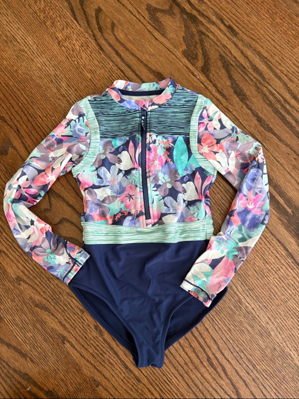 Athleta Girls Long-Sleeve Floral Rashguard One-Piece - Navy, Pink & Mint